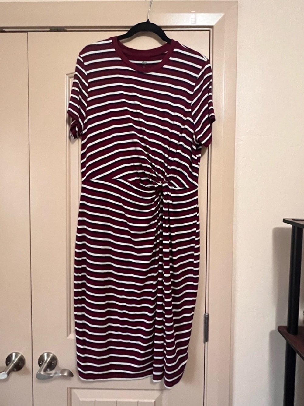 Striped Knot-Front Midi Dress in Burgundy & White